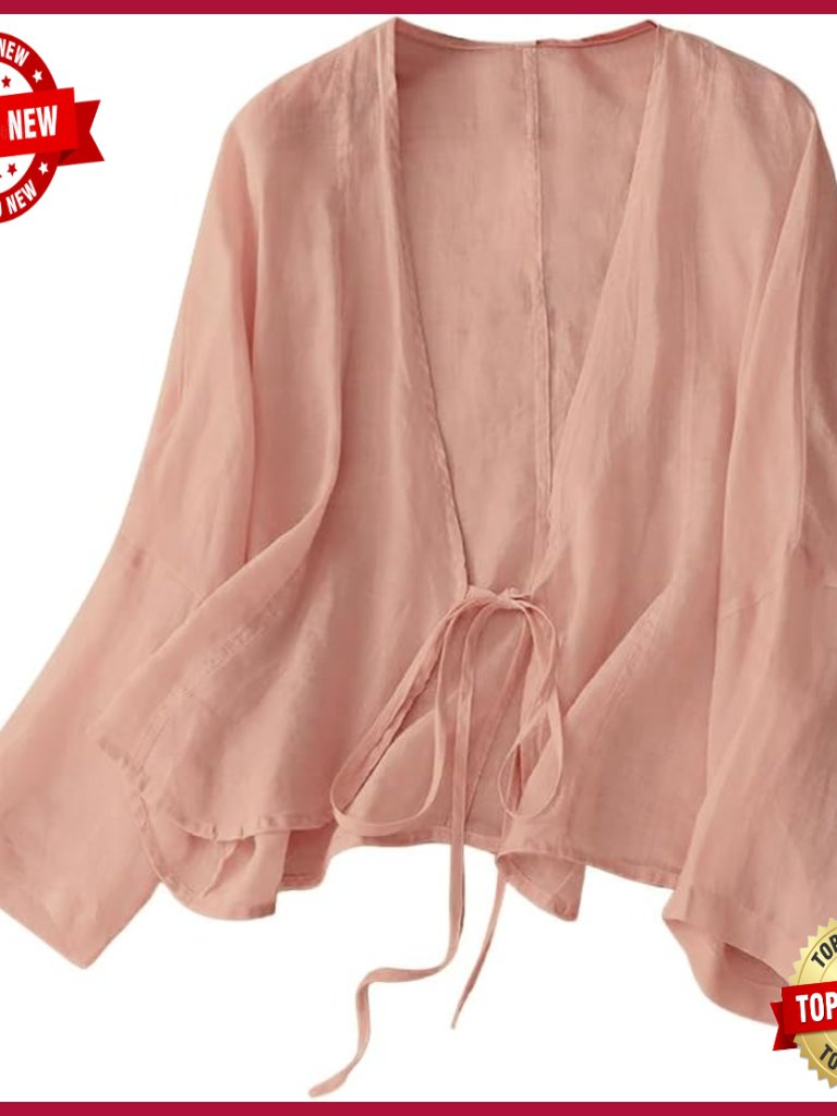V Neck Tie Front Linen Cardigan Long Sleeve Loose Fit Spring Summer